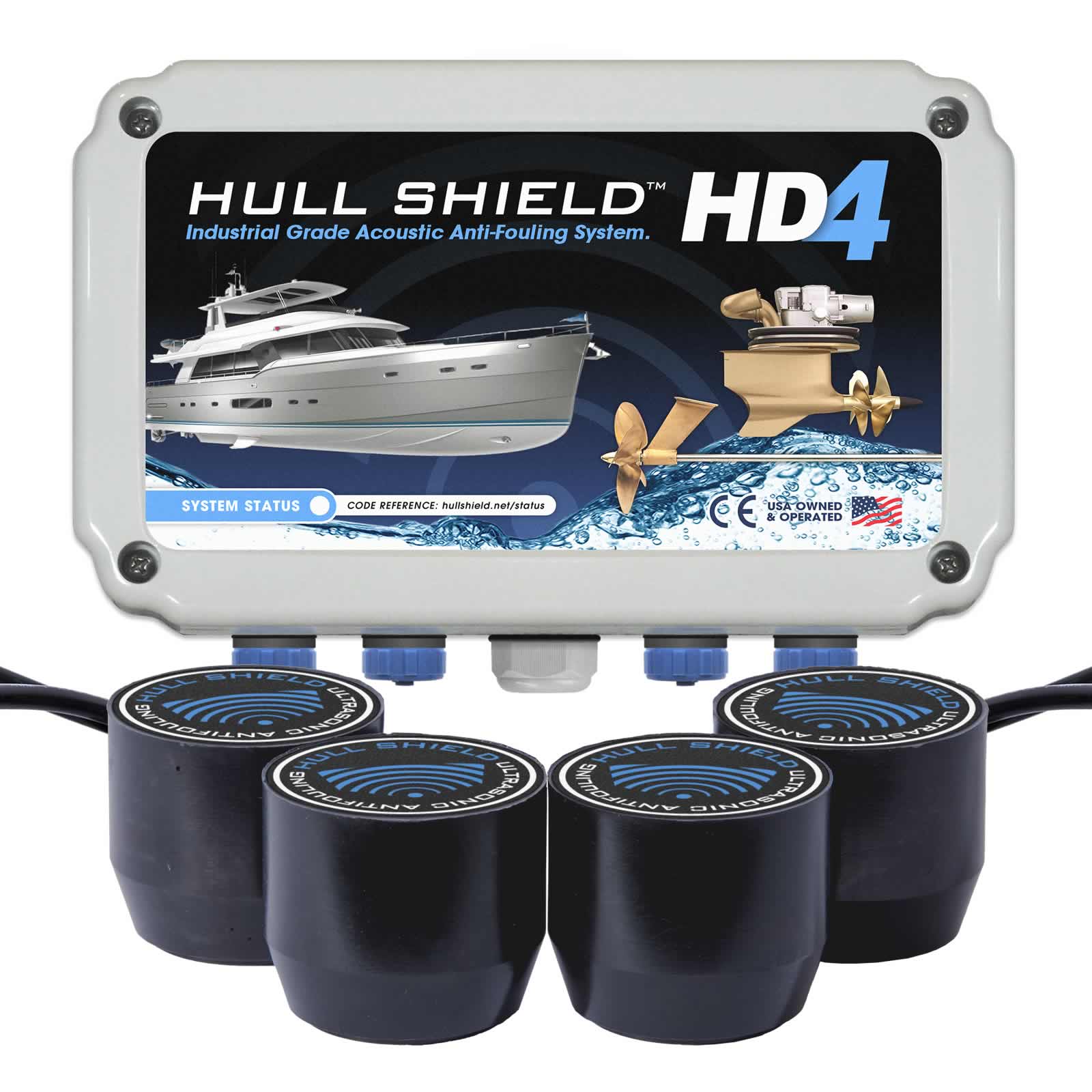 The Hull Shield HD4 ultrasonic antifouling system for boats protects bottom paint and gear with ultrasound.