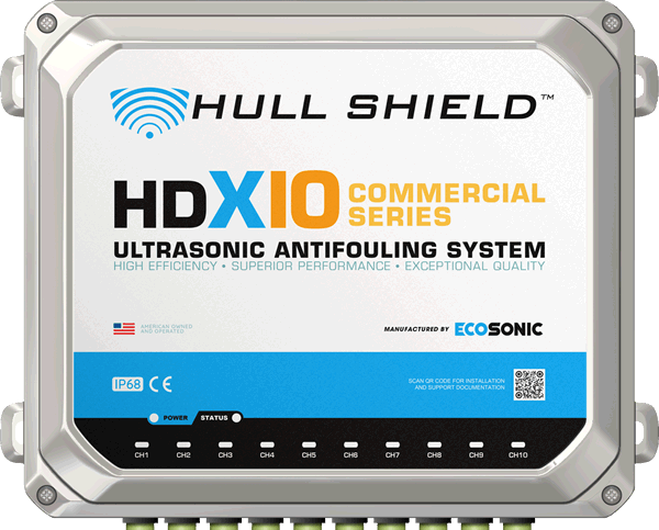 Hull Shield HDX-10 Ultrasonic Antifouling for industrial and commercial ships, boats, and vessels.