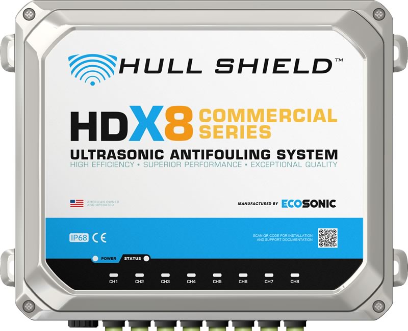 Hull Shield HDX-8 Ultrasonic Antifouling for industrial and commercial ships, boats, and yachts.