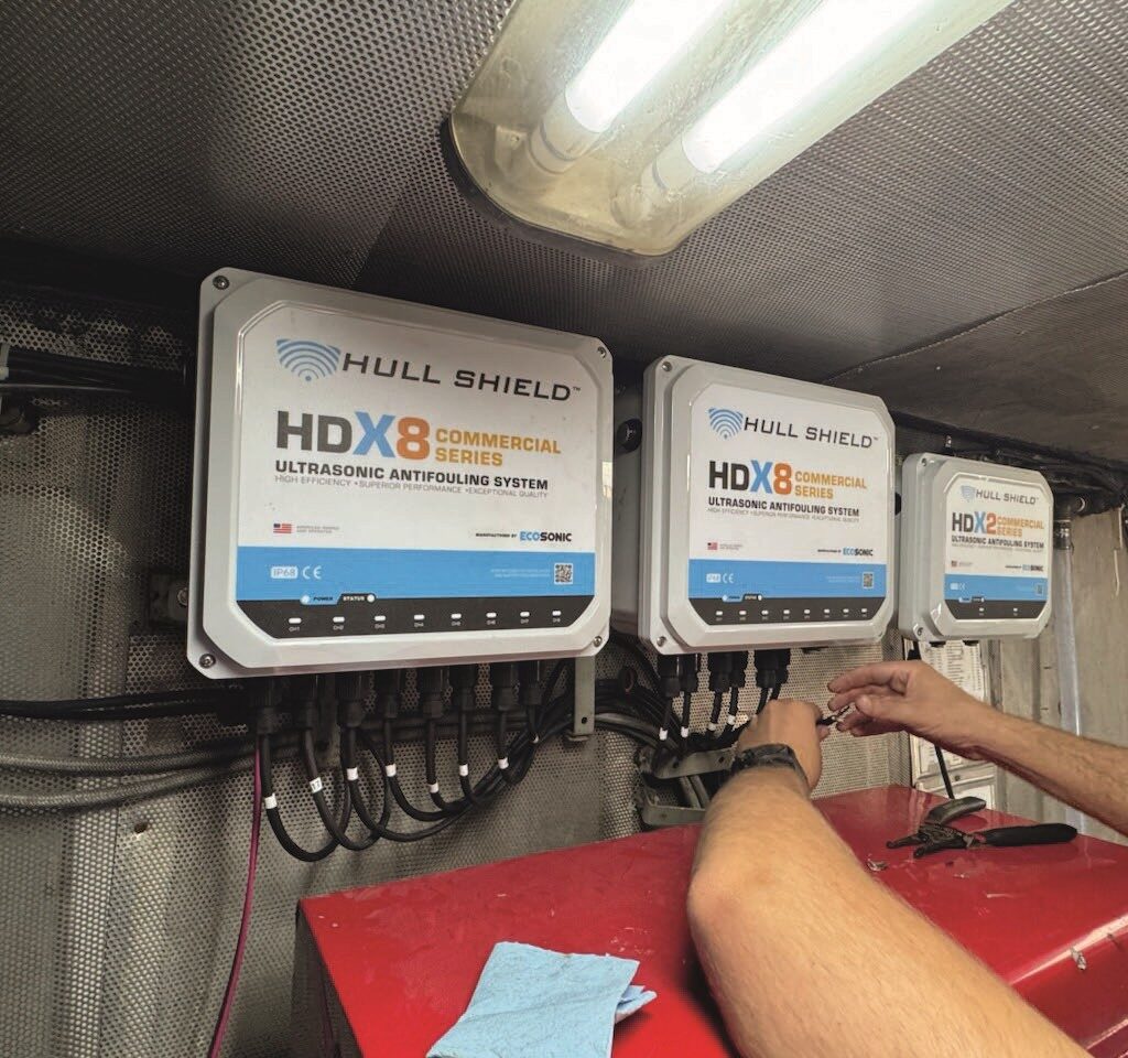 Three Hull Shield HDX controllers installed in the engine room of a US Coast Guard cutter